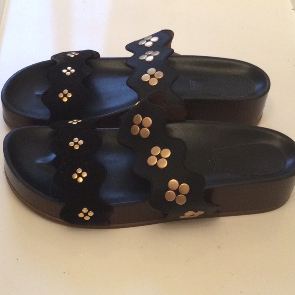 Chloe sandals slides, black and brushed gold accents. Fits 10 / 10.5